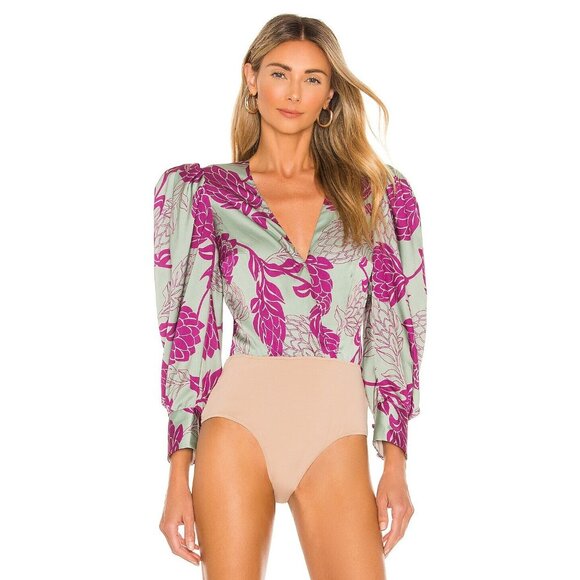 PatBO Celia Print Plunge Bodysuit Aqua Floral Long Sleeve - Picture 1 of 5